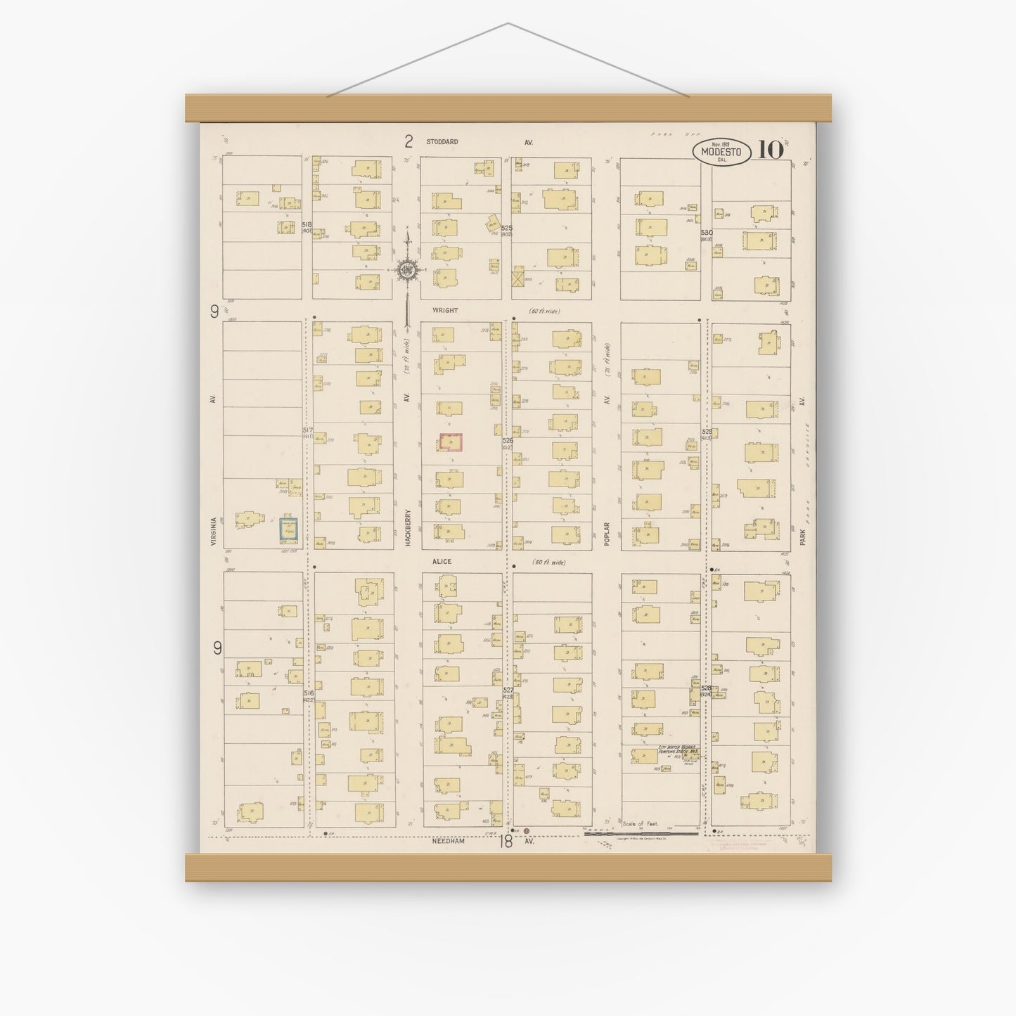 Old map wall art mockup — magnetic wood frame on white wall — Sanborn Fire Insurance Map from Modesto, Stanislaus County, California (1919), Sheet #0010