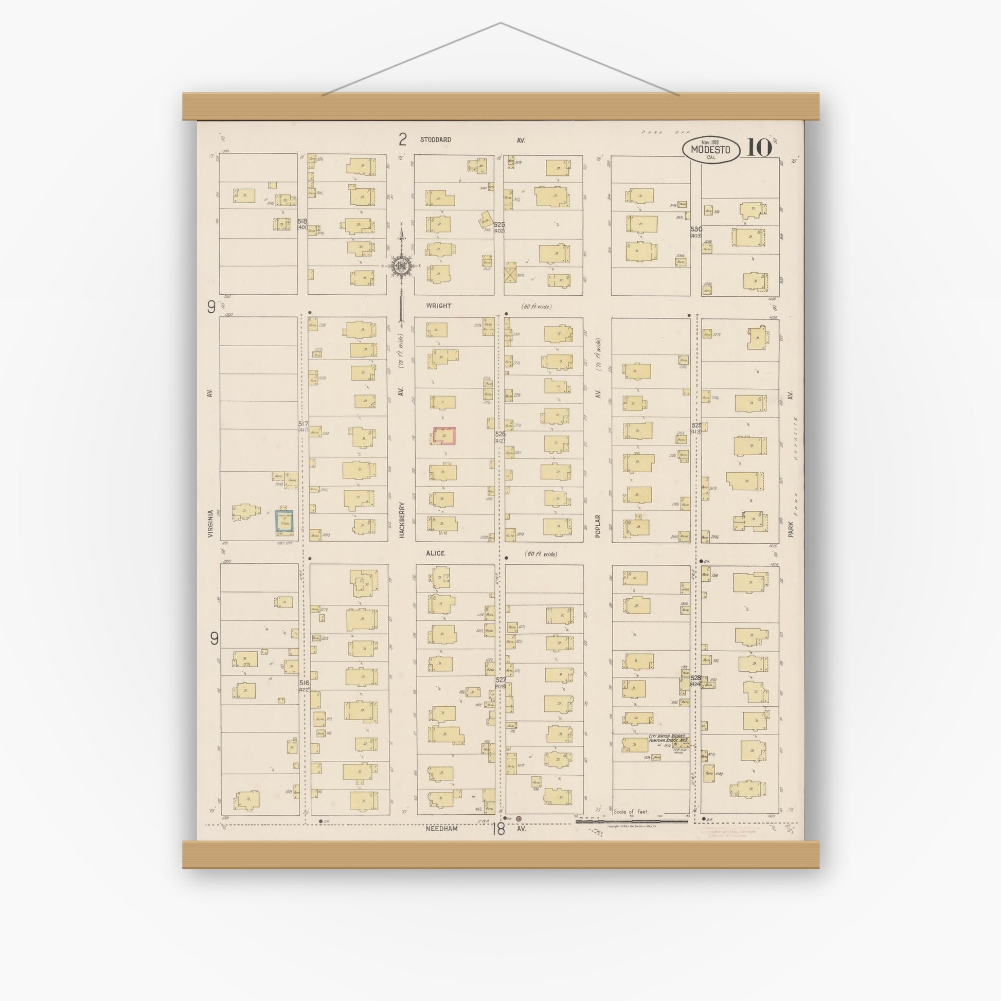 Old map wall art mockup — magnetic wood frame on white wall — Sanborn Fire Insurance Map from Modesto, Stanislaus County, California (1919), Sheet #0010