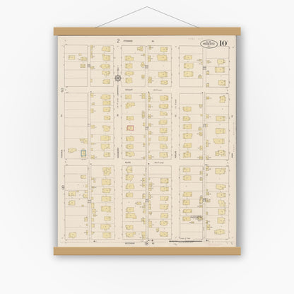 Old map wall art mockup — magnetic wood frame on white wall — Sanborn Fire Insurance Map from Modesto, Stanislaus County, California (1919), Sheet #0010