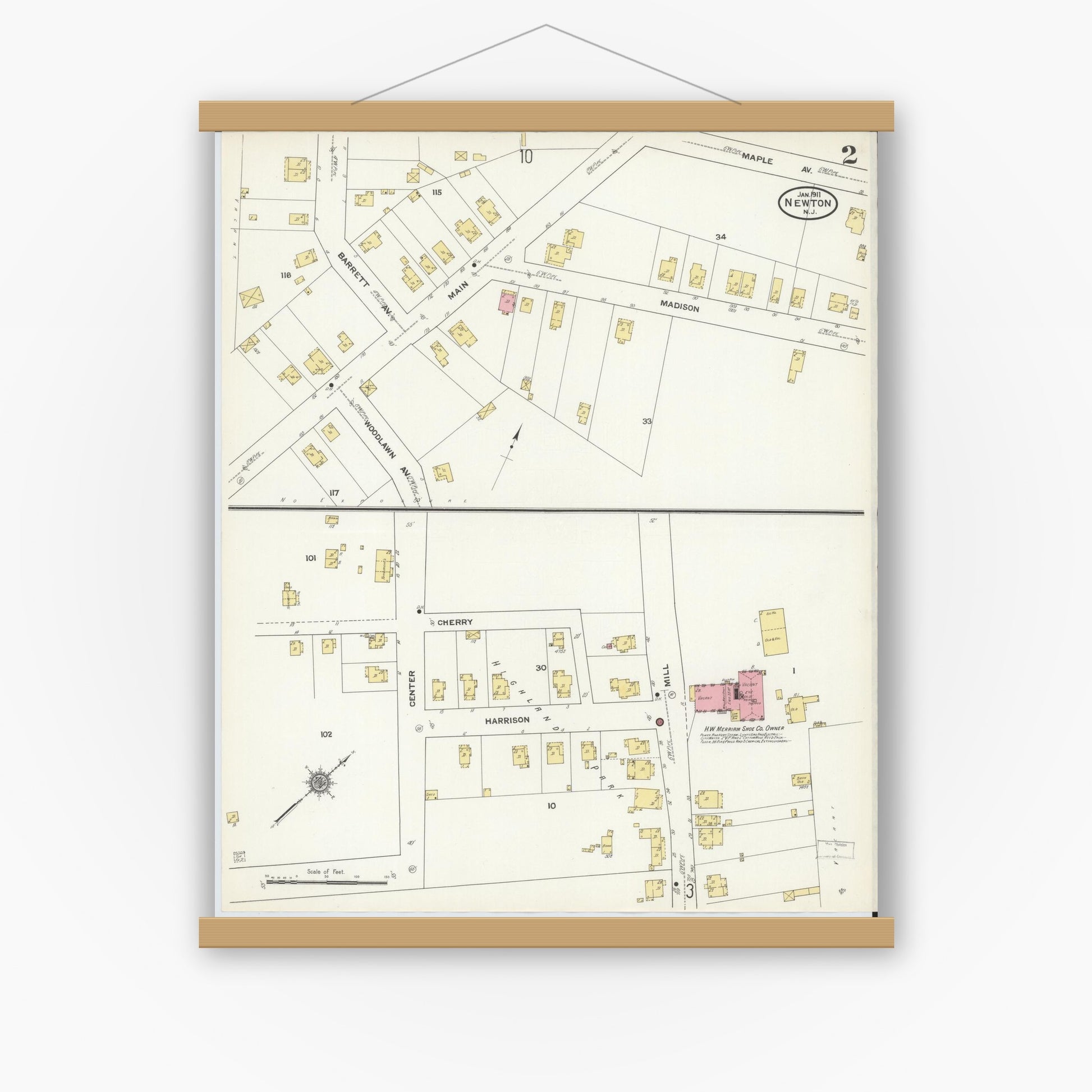 Old map wall art mockup — magnetic wood frame on white wall — Sanborn Fire Insurance Map from Newton, Sussex County, New Jersey (1911), Sheet #0002
