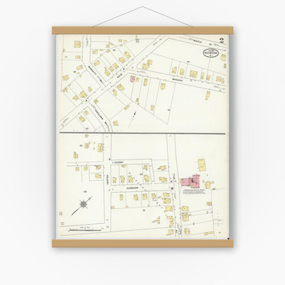 Old map wall art mockup — magnetic wood frame on white wall — Sanborn Fire Insurance Map from Newton, Sussex County, New Jersey (1911), Sheet #0002