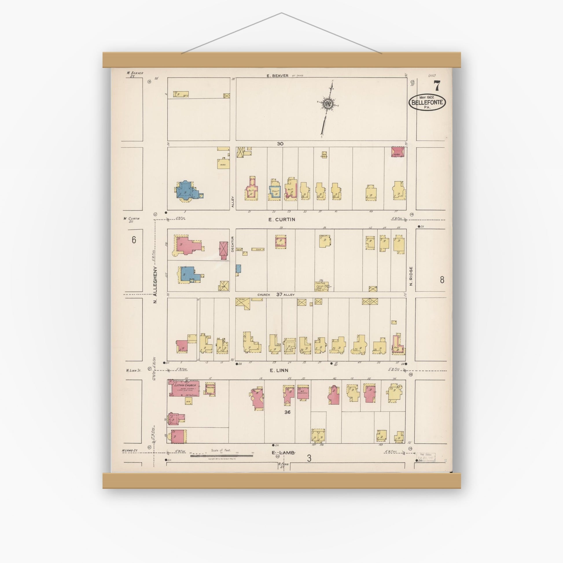 Old map wall art mockup — magnetic wood frame on white wall — Sanborn Fire Insurance Map from Bellefonte, Centre County, Pennsylvania (1922), Sheet #0007