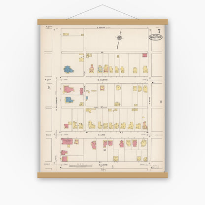 Old map wall art mockup — magnetic wood frame on white wall — Sanborn Fire Insurance Map from Bellefonte, Centre County, Pennsylvania (1922), Sheet #0007