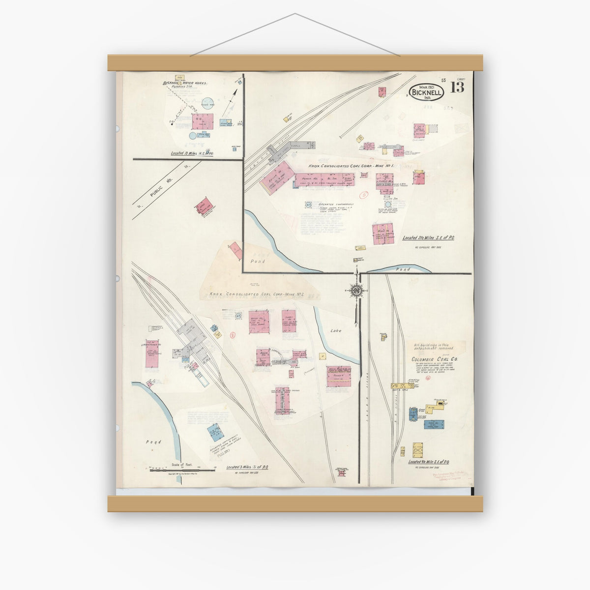 Old map wall art mockup — magnetic wood frame on white wall — Sanborn Fire Insurance Map from Bicknell, Knox County, Indiana (1946), Sheet #0013