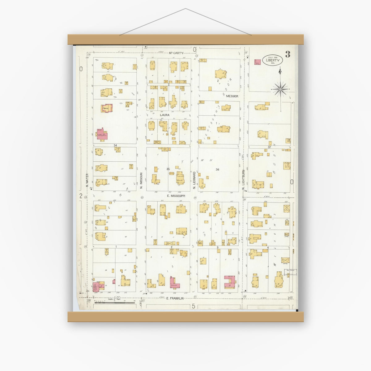 Old map wall art mockup — magnetic wood frame on white wall — Sanborn Fire Insurance Map from Liberty, Clay County, Missouri (1906), Sheet #0003