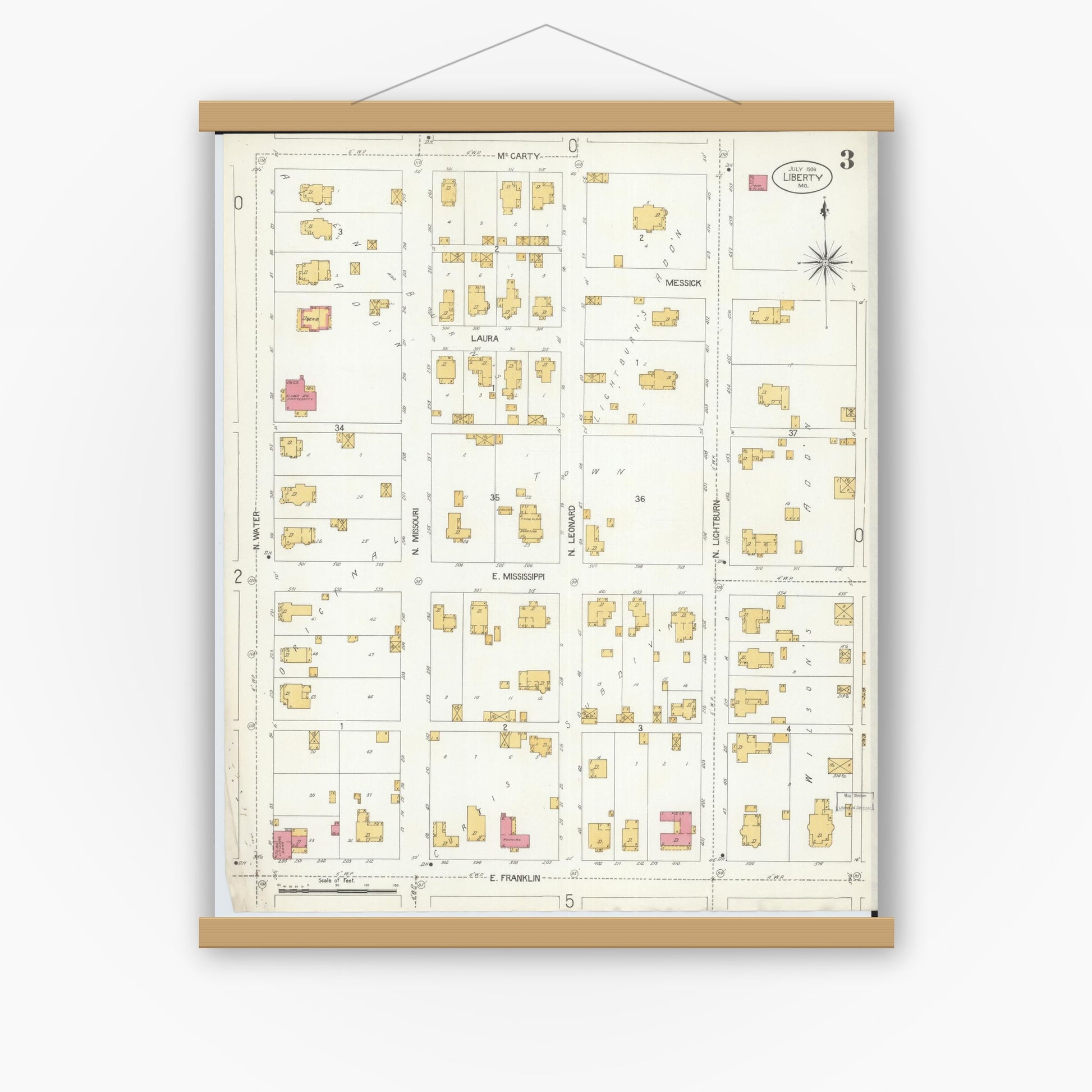 Old map wall art mockup — magnetic wood frame on white wall — Sanborn Fire Insurance Map from Liberty, Clay County, Missouri (1906), Sheet #0003