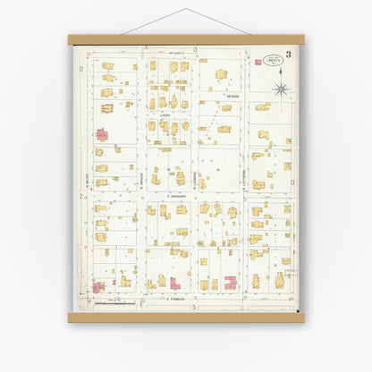 Old map wall art mockup — magnetic wood frame on white wall — Sanborn Fire Insurance Map from Liberty, Clay County, Missouri (1906), Sheet #0003