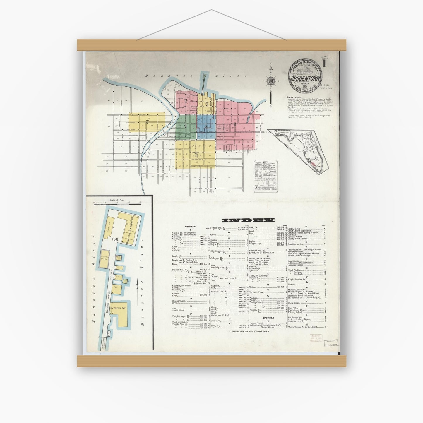 Old map wall art mockup — magnetic wood frame on white wall — Sanborn Fire Insurance Map from Bradentown, Manatee County, Florida (1915), Sheet #0001