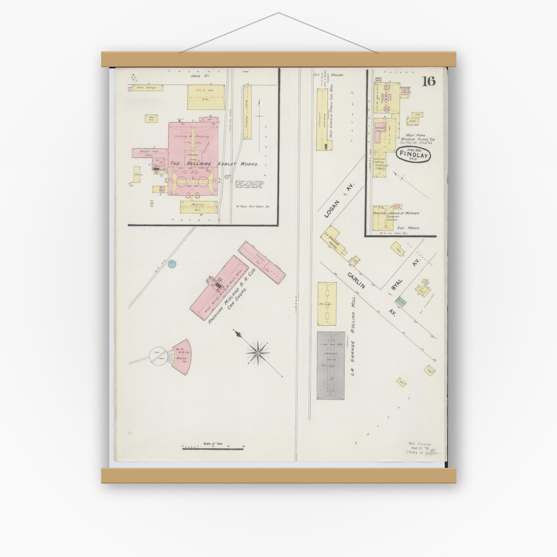 Old map wall art mockup — magnetic wood frame on white wall — Sanborn Fire Insurance Map from Findlay, Hancock County, Ohio (1890), Sheet #0016