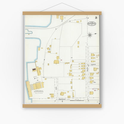 Old map wall art mockup — magnetic wood frame on white wall — Sanborn Fire Insurance Map from Washington, Beaufort County, North Carolina (1904), Sheet #0003