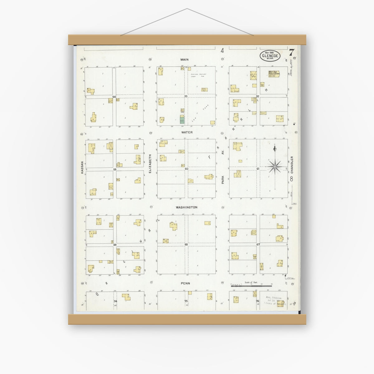 Old map wall art mockup — magnetic wood frame on white wall — Sanborn Fire Insurance Map from Glencoe, Mcleod County, Minnesota (1908), Sheet #0007
