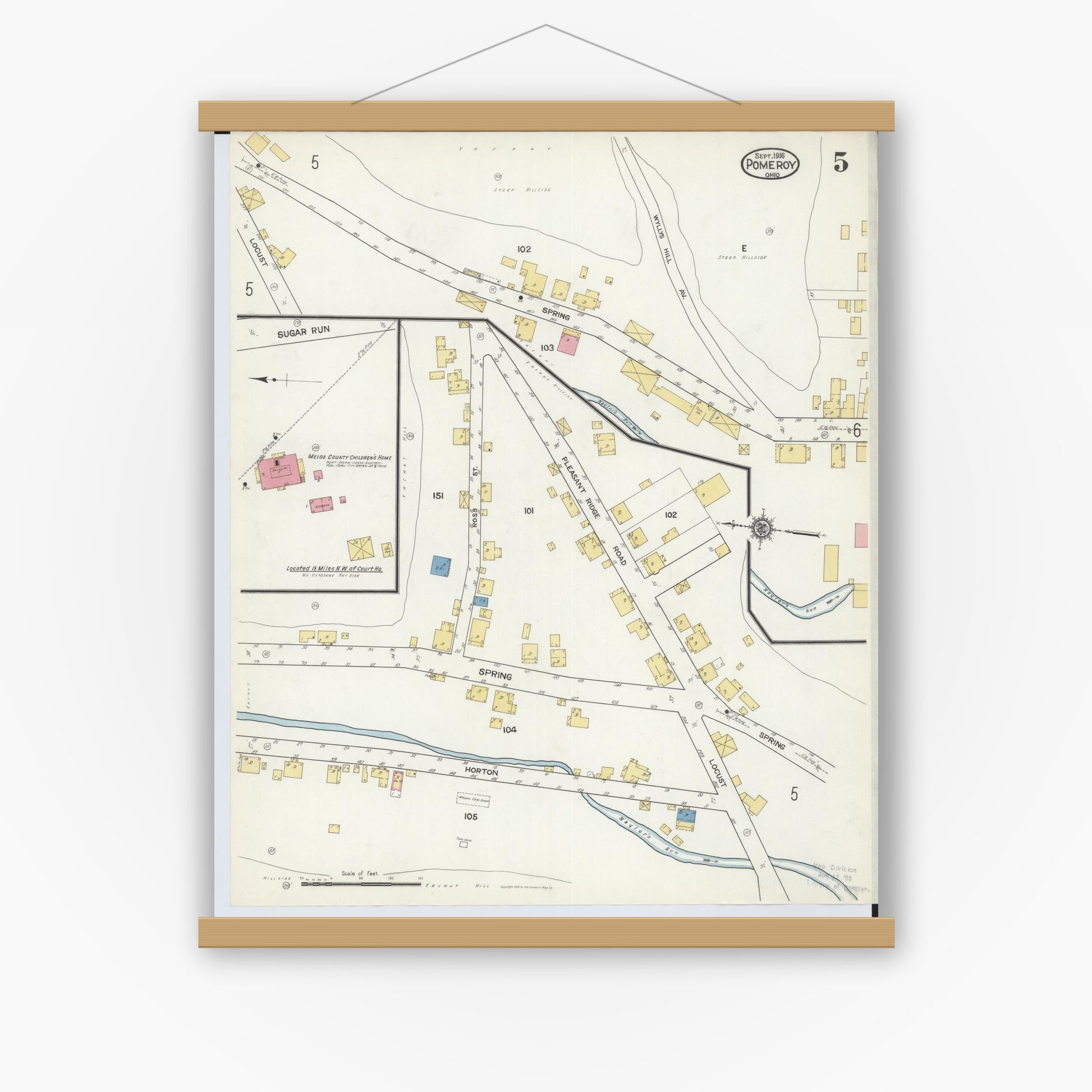 Old map wall art mockup — magnetic wood frame on white wall — Sanborn Fire Insurance Map from Pomeroy, Meigs County, Ohio (1916), Sheet #0005