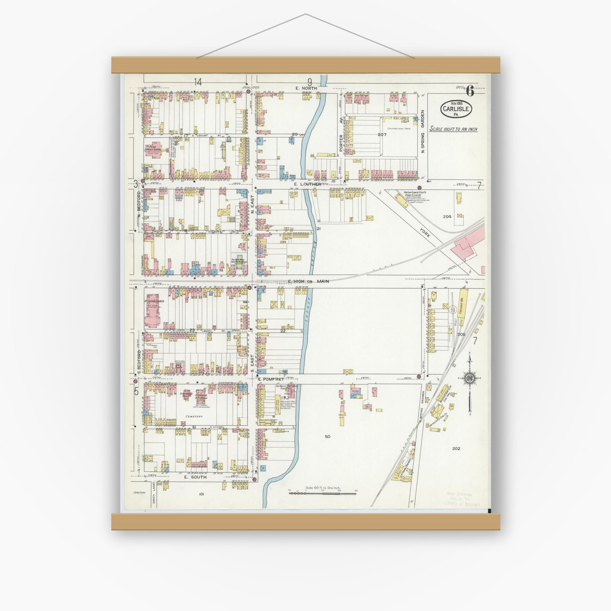 Old map wall art mockup — magnetic wood frame on white wall — Sanborn Fire Insurance Map from Carlisle, Cumberland County, Pennsylvania (1915), Sheet #0006