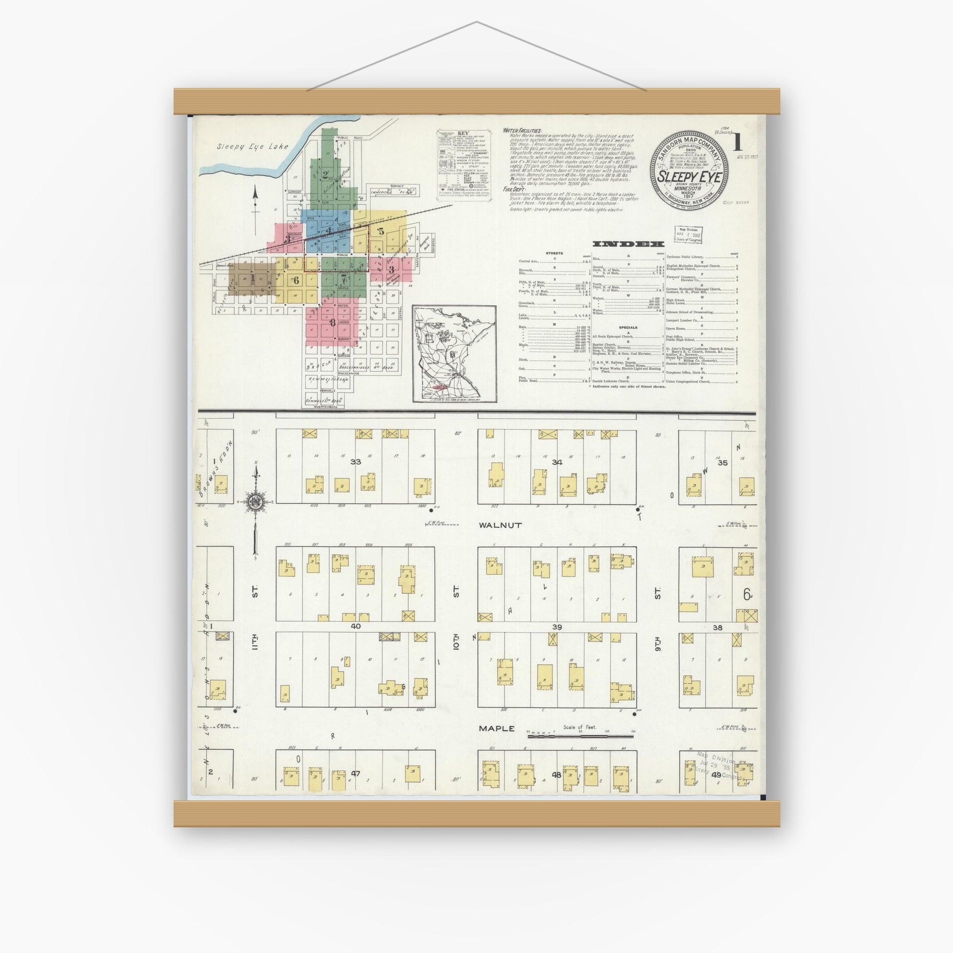 Old map wall art mockup — magnetic wood frame on white wall — Sanborn Fire Insurance Map from Sleepy Eye, Brown County, Minnesota (1917) - Complete Map Set