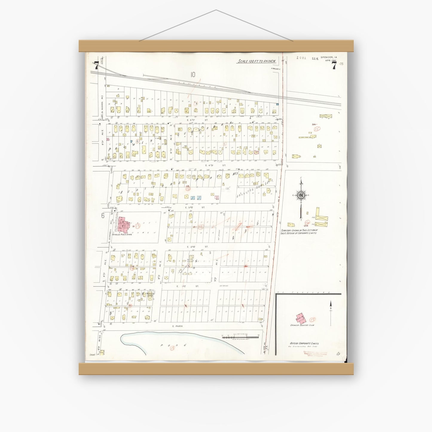 Old map wall art mockup — magnetic wood frame on white wall — Sanborn Fire Insurance Map from Spencer, Clay County, Iowa (1946), Sheet #0007