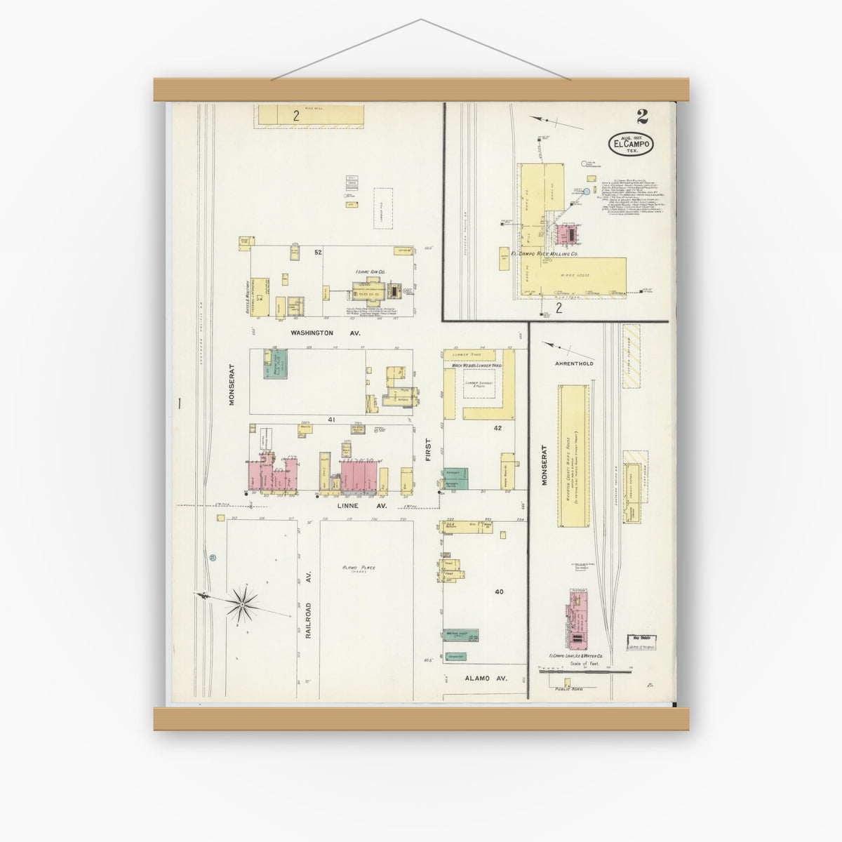 Old map wall art mockup — magnetic wood frame on white wall — Sanborn Fire Insurance Map from El Campo, Wharton County, Texas (1907), Sheet #0002