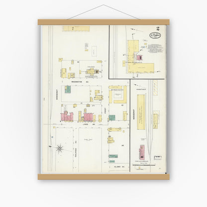 Old map wall art mockup — magnetic wood frame on white wall — Sanborn Fire Insurance Map from El Campo, Wharton County, Texas (1907), Sheet #0002