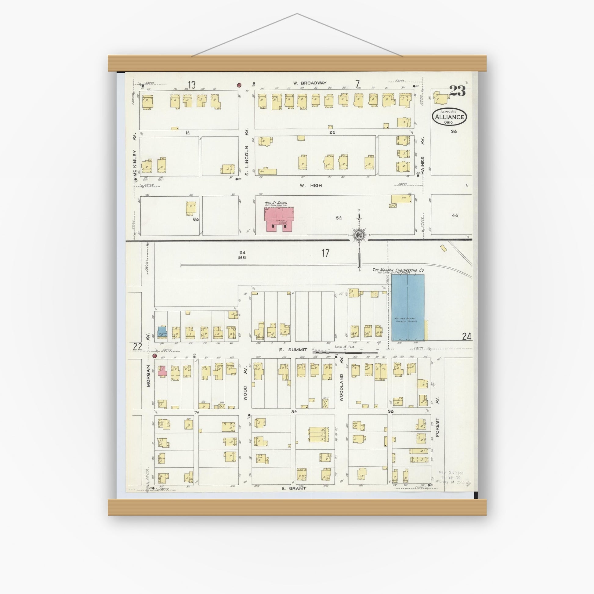 Old map wall art mockup — magnetic wood frame on white wall — Sanborn Fire Insurance Map from Alliance, Stark County, Ohio (1911), Sheet #0023