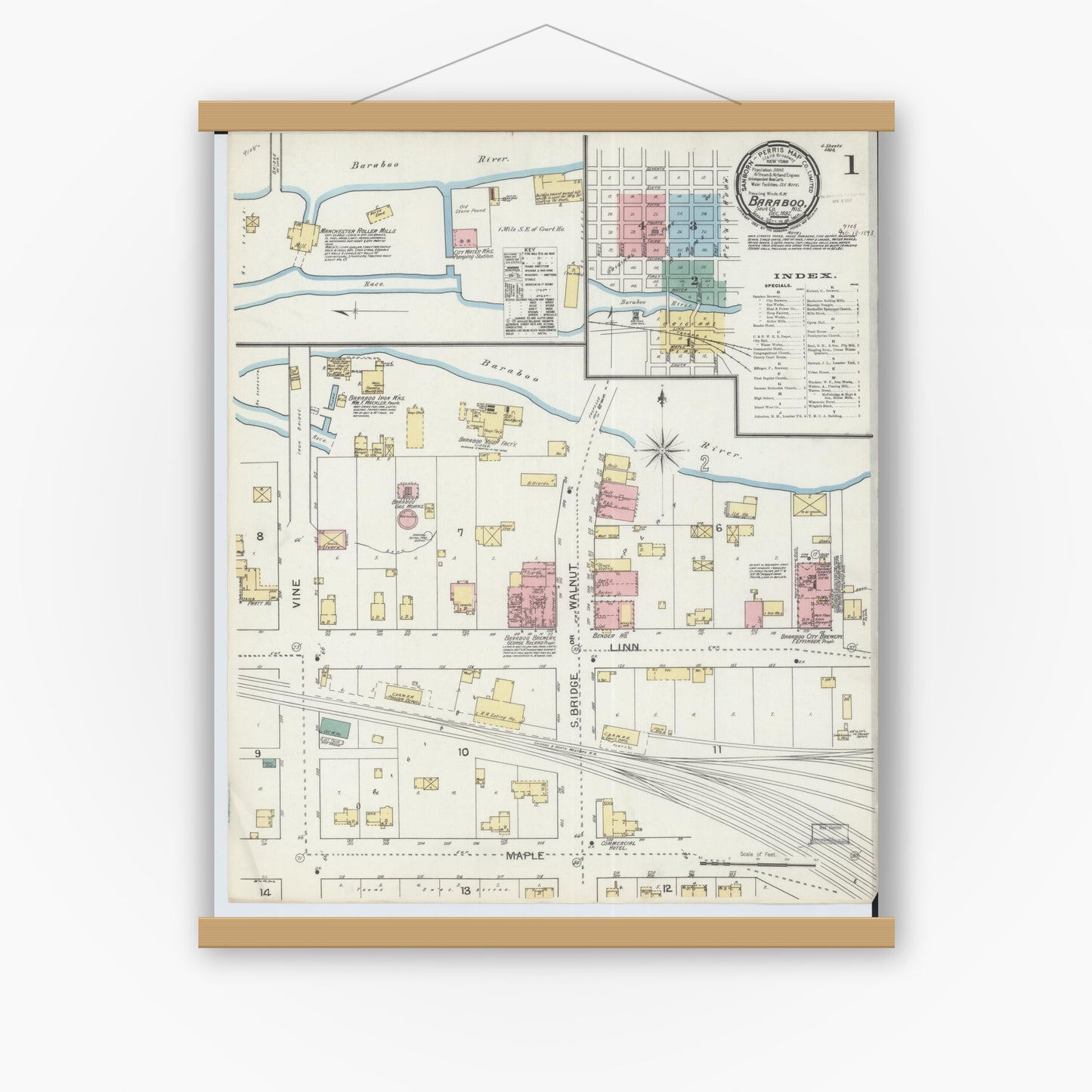 Old map wall art mockup — magnetic wood frame on white wall — Sanborn Fire Insurance Map from Baraboo, Sauk County, Wisconsin (1892), Sheet #0001