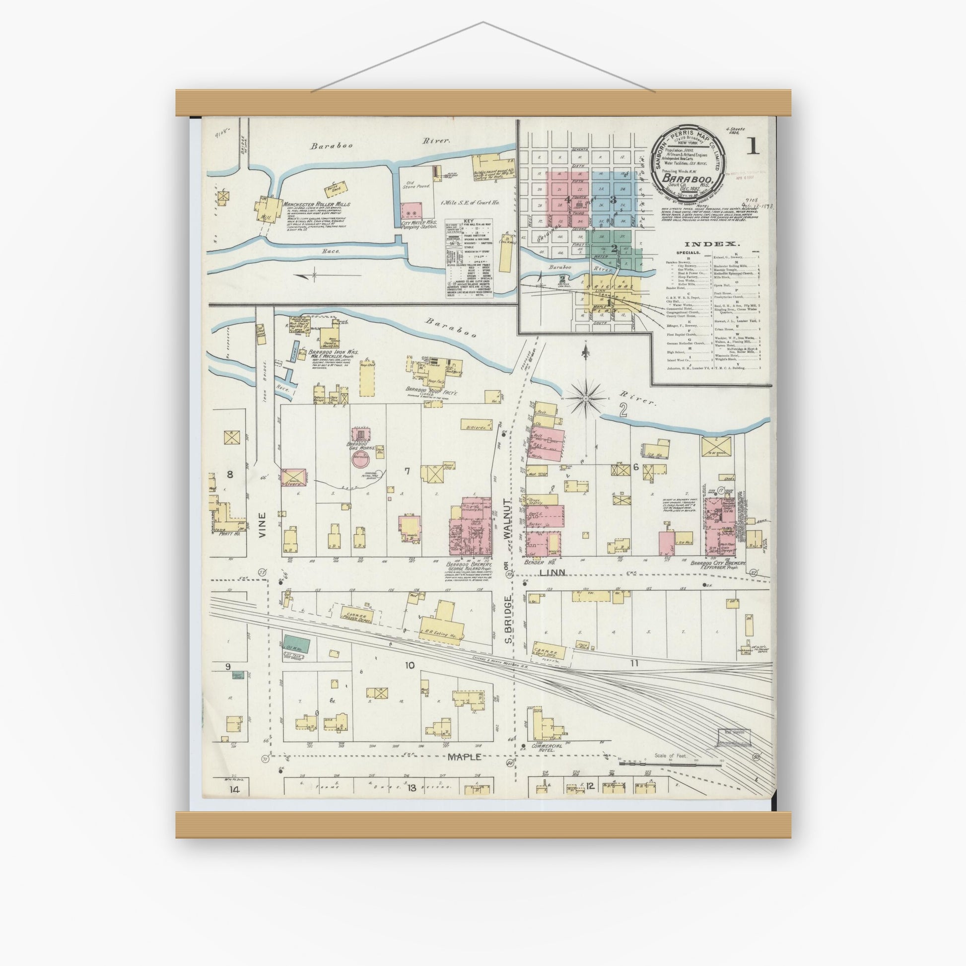 Old map wall art mockup — magnetic wood frame on white wall — Sanborn Fire Insurance Map from Baraboo, Sauk County, Wisconsin (1892), Sheet #0001