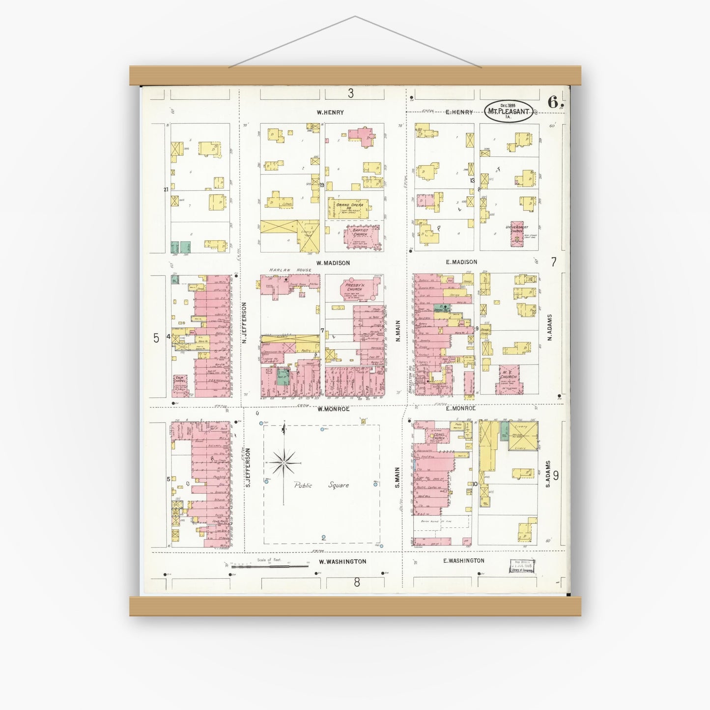 Old map wall art mockup — magnetic wood frame on white wall — Sanborn Fire Insurance Map from Mount Pleasant, Henry County, Iowa (1899), Sheet #0006