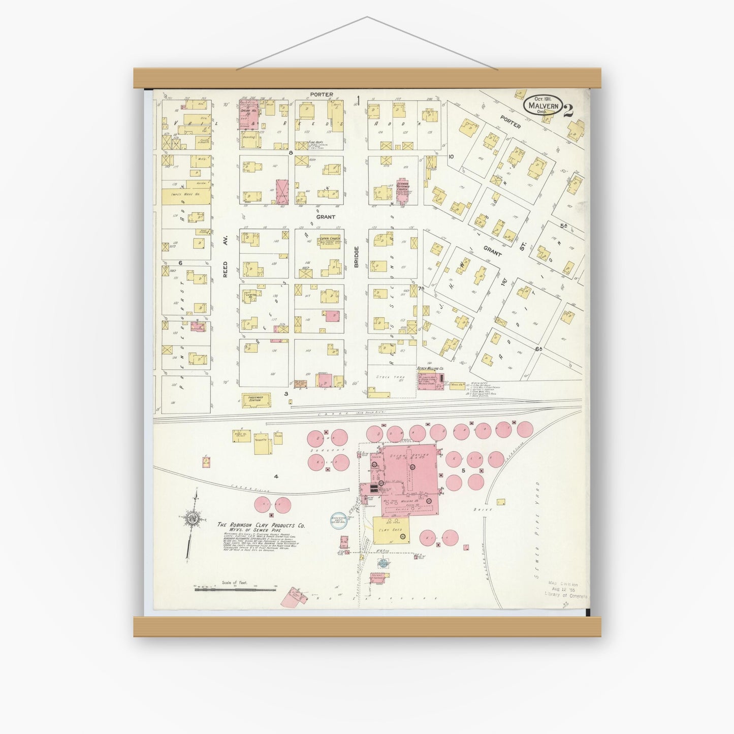Old map wall art mockup — magnetic wood frame on white wall — Sanborn Fire Insurance Map from Malvern, Carroll County, Ohio (1911), Sheet #0002