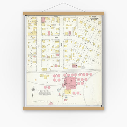 Old map wall art mockup — magnetic wood frame on white wall — Sanborn Fire Insurance Map from Malvern, Carroll County, Ohio (1911), Sheet #0002