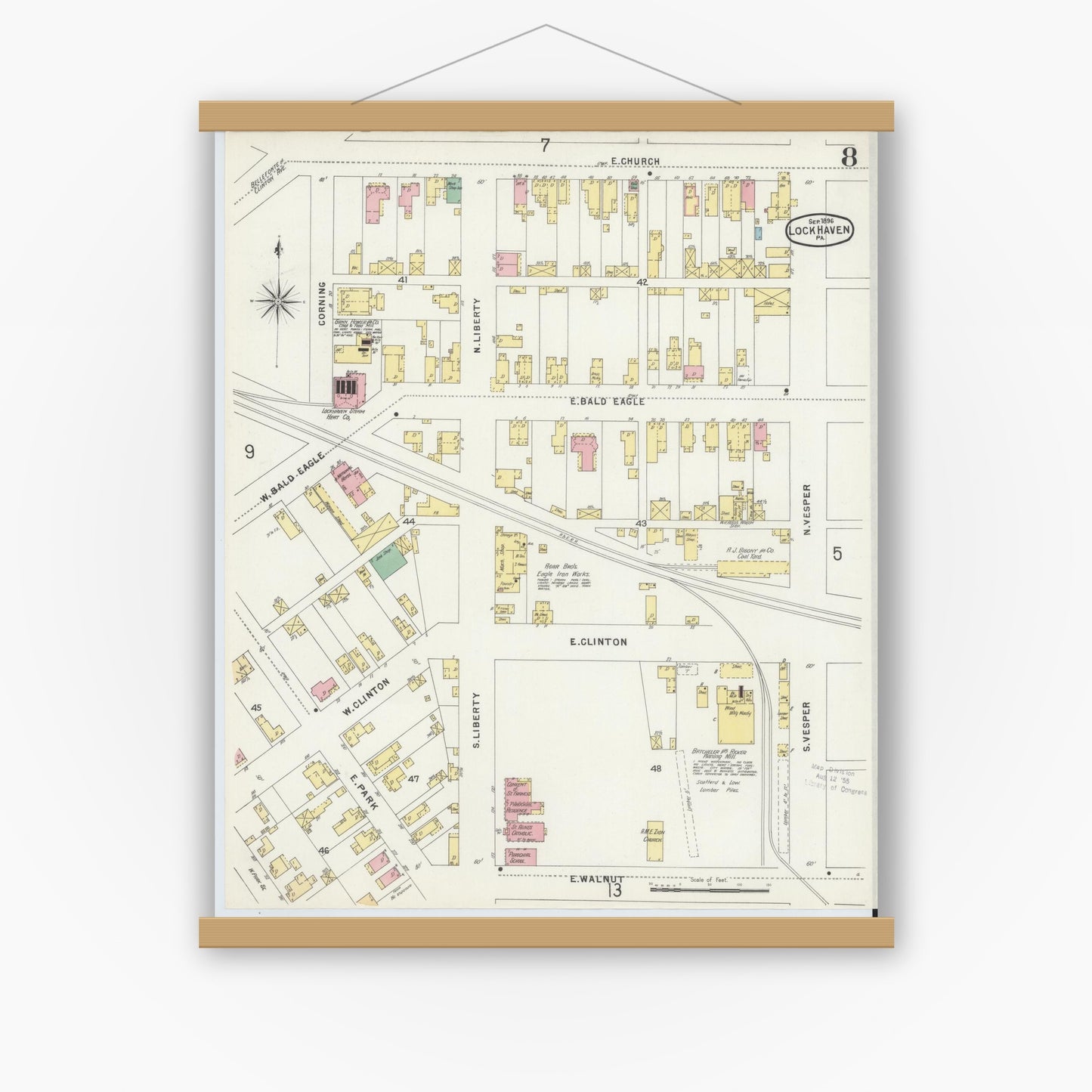 Old map wall art mockup — magnetic wood frame on white wall — Sanborn Fire Insurance Map from Lock Haven, Clinton County, Pennsylvania (1896), Sheet #0008