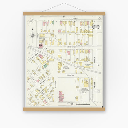 Old map wall art mockup — magnetic wood frame on white wall — Sanborn Fire Insurance Map from Lock Haven, Clinton County, Pennsylvania (1896), Sheet #0008