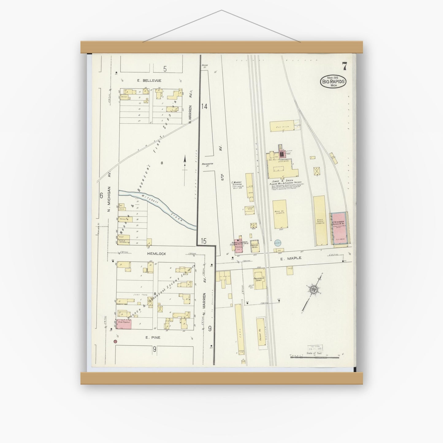 Old map wall art mockup — magnetic wood frame on white wall — Sanborn Fire Insurance Map from Big Rapids, Mecosta County, Michigan (1914), Sheet #0007