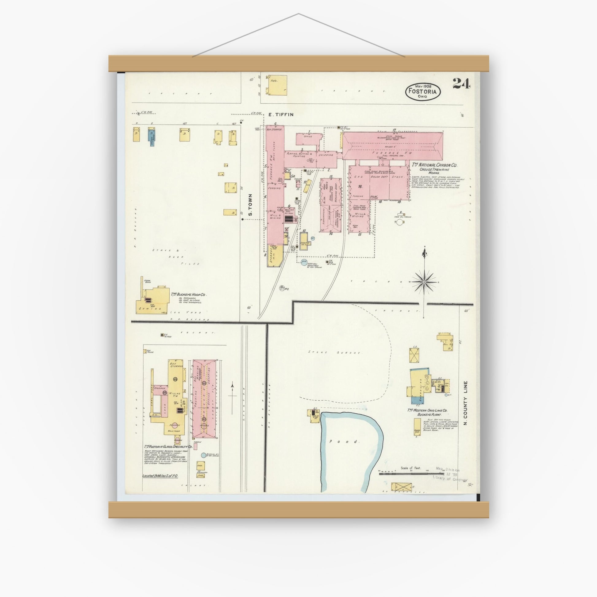 Old map wall art mockup — magnetic wood frame on white wall — Sanborn Fire Insurance Map from Fostoria, Seneca, Hancock, And Wood Counties, Ohio (1908), Sheet #0024