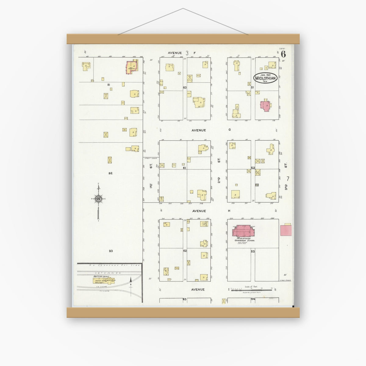 Old map wall art mockup — magnetic wood frame on white wall — Sanborn Fire Insurance Map from Midlothian, Ellis County, Texas (1921), Sheet #0006