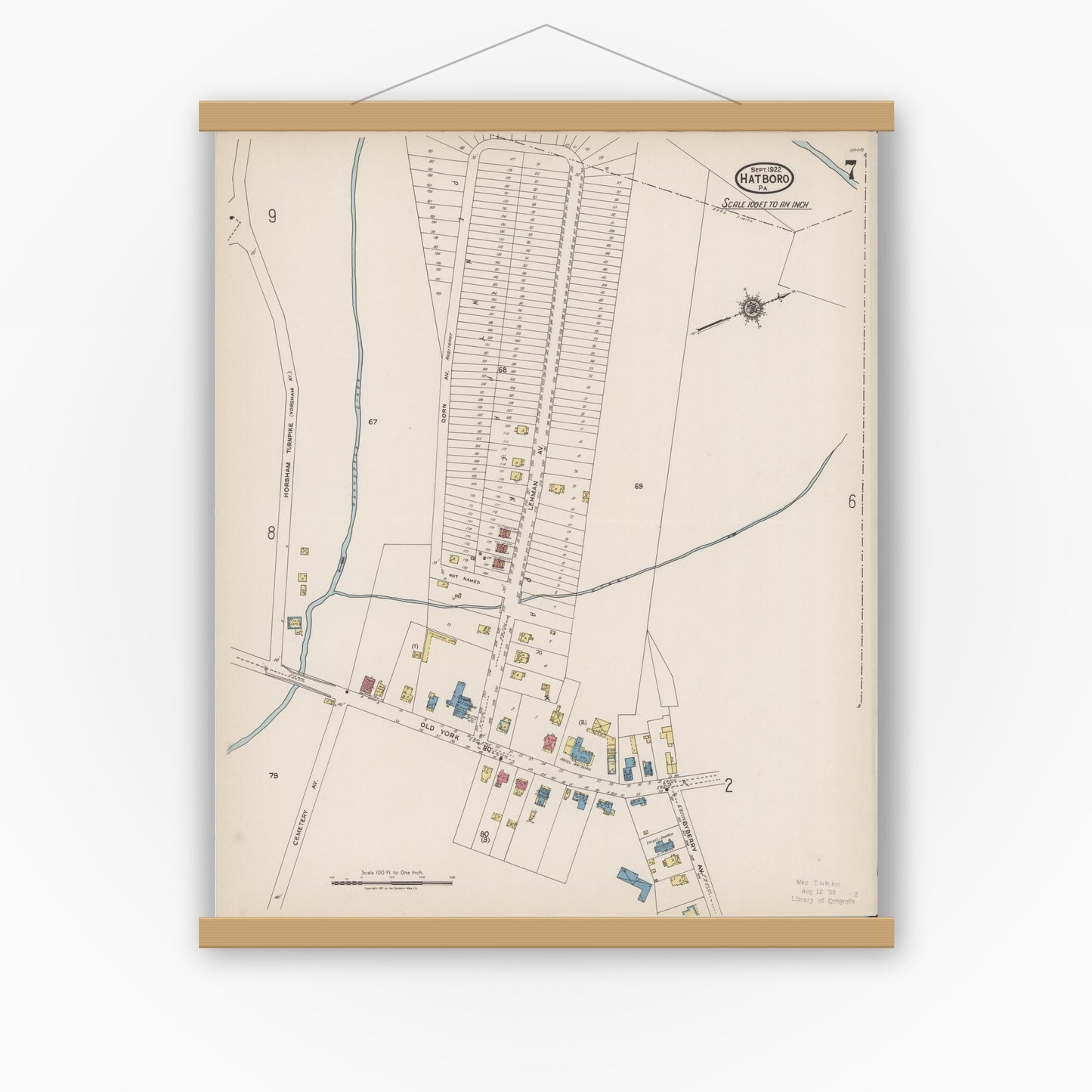Old map wall art mockup — magnetic wood frame on white wall — Sanborn Fire Insurance Map from Hatboro, Montgomery County, Pennsylvania (1922), Sheet #0007