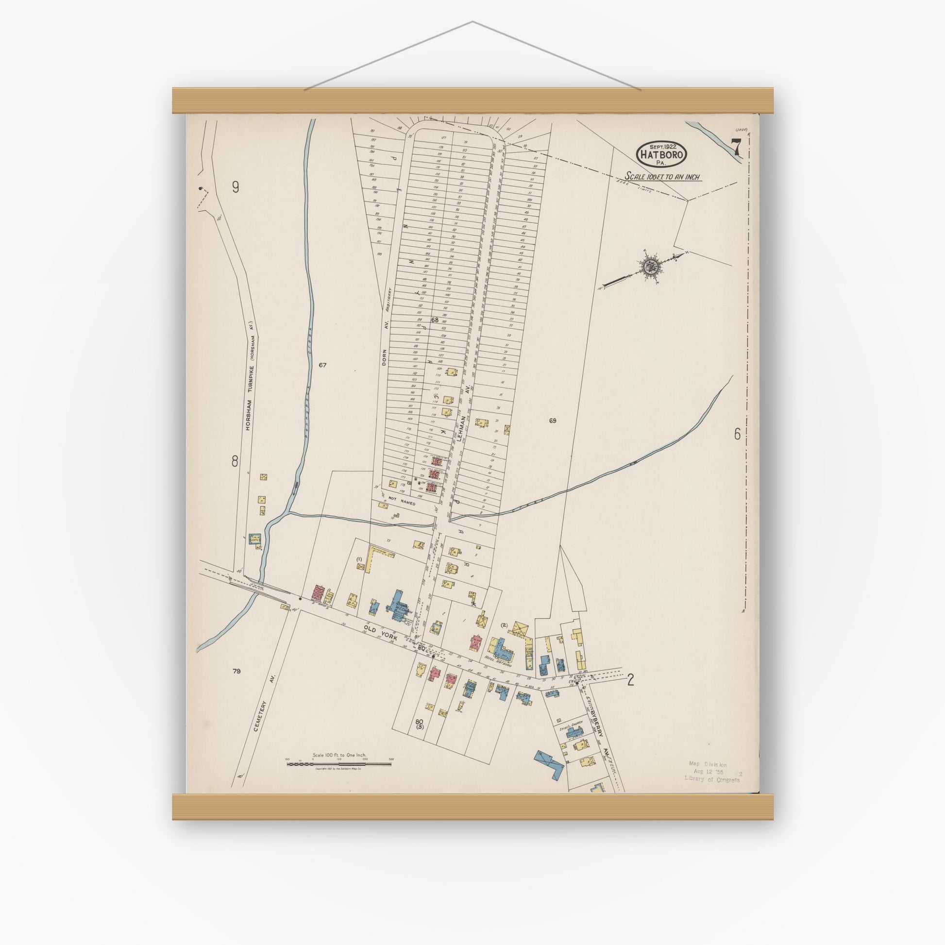 Old map wall art mockup — magnetic wood frame on white wall — Sanborn Fire Insurance Map from Hatboro, Montgomery County, Pennsylvania (1922), Sheet #0007