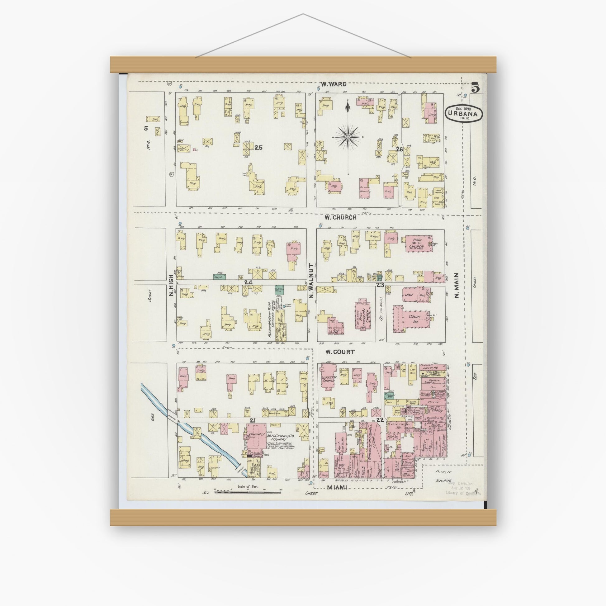 Old map wall art mockup — magnetic wood frame on white wall — Sanborn Fire Insurance Map from Urbana, Champaign County, Ohio (1890), Sheet #0005