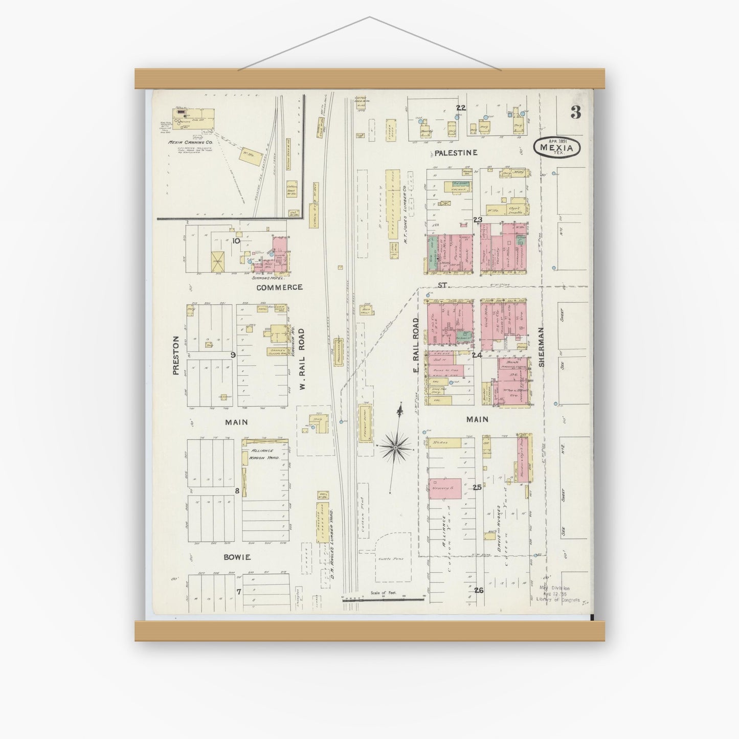Old map wall art mockup — magnetic wood frame on white wall — Sanborn Fire Insurance Map from Mexia, Limestone County, Texas (1891), Sheet #0003