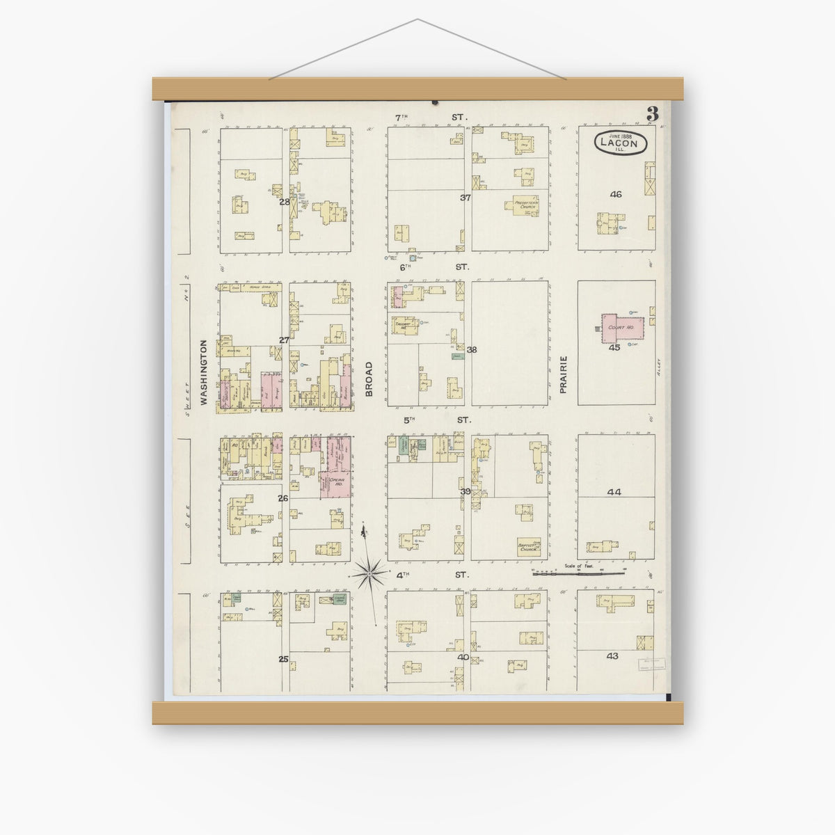 Old map wall art mockup — magnetic wood frame on white wall — Sanborn Fire Insurance Map from Lacon, Marshall County, Illinois (1888), Sheet #0003