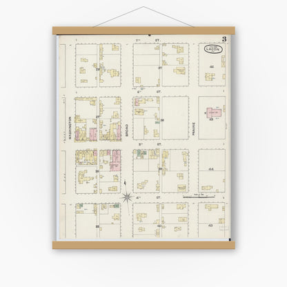 Old map wall art mockup — magnetic wood frame on white wall — Sanborn Fire Insurance Map from Lacon, Marshall County, Illinois (1888), Sheet #0003
