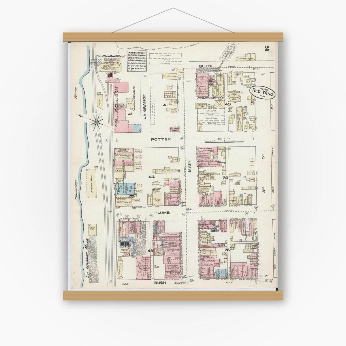 Old map wall art mockup — magnetic wood frame on white wall — Sanborn Fire Insurance Map from Red Wing, Goodhue County, Minnesota (1884), Sheet #0002