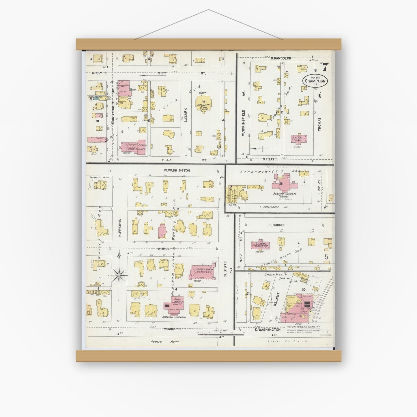Old map wall art mockup — magnetic wood frame on white wall — Sanborn Fire Insurance Map from Champaign, Champaign County, Illinois (1902), Sheet #0007
