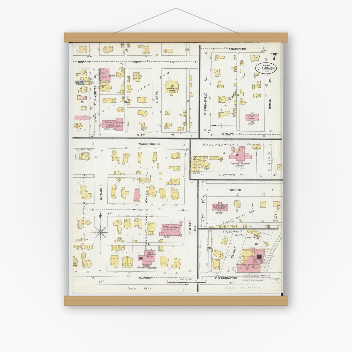 Old map wall art mockup — magnetic wood frame on white wall — Sanborn Fire Insurance Map from Champaign, Champaign County, Illinois (1902), Sheet #0007
