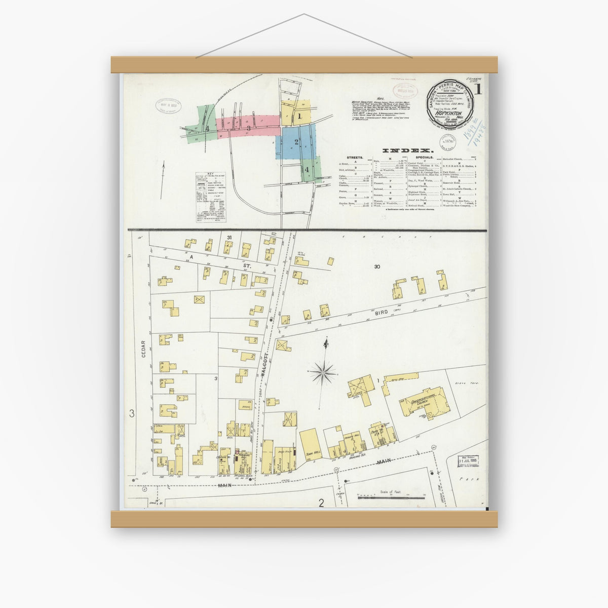 Old map wall art mockup — magnetic wood frame on white wall — Sanborn Fire Insurance Map from Hopkinton, Middlesex County, Massachusetts (1899), Sheet #0001