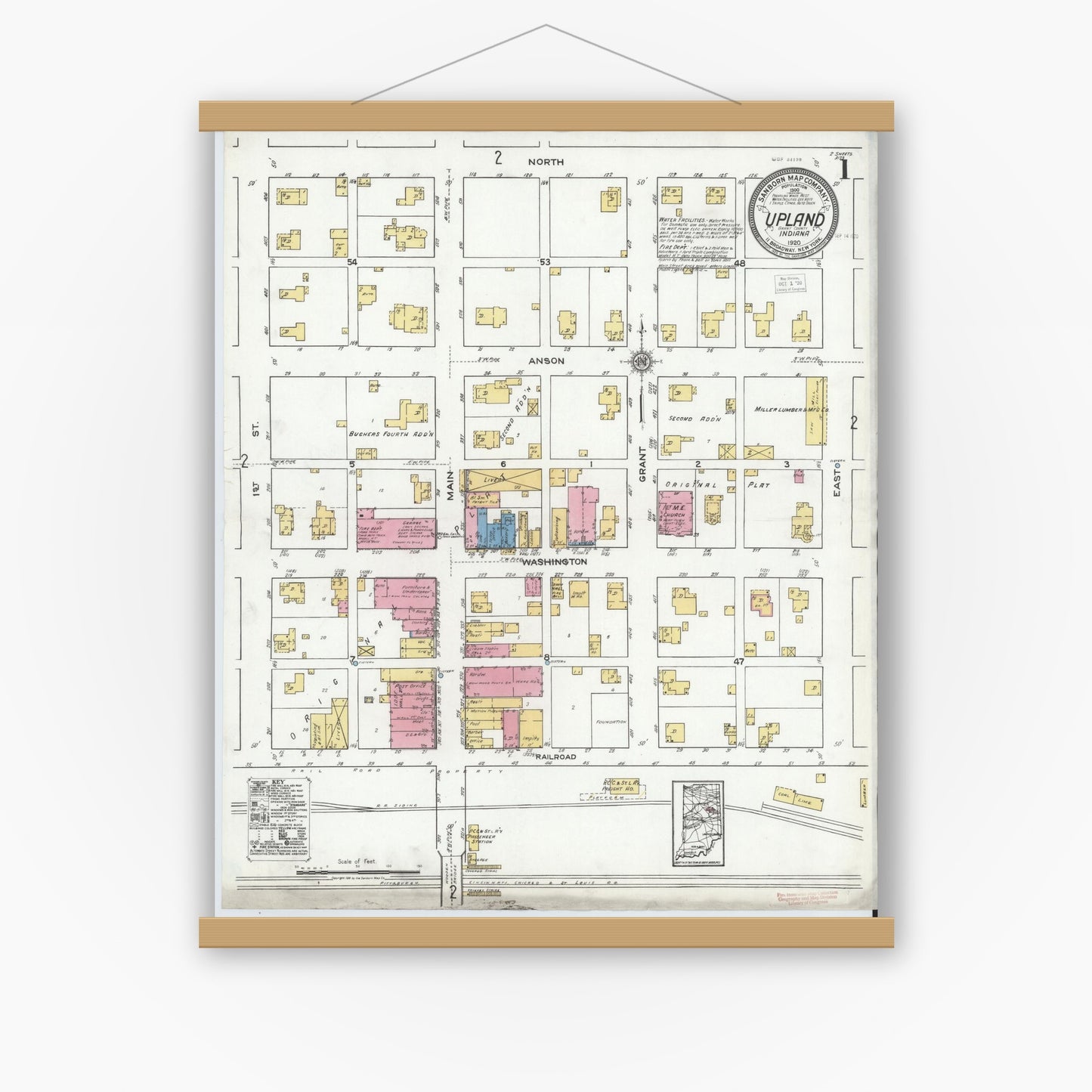 Old map wall art mockup — magnetic wood frame on white wall — Sanborn Fire Insurance Map from Upland, Grant County, Indiana (1920) - Complete Map Set