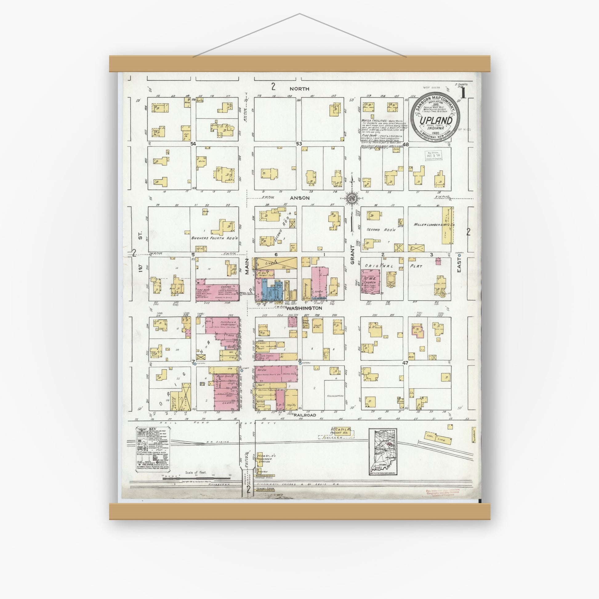Old map wall art mockup — magnetic wood frame on white wall — Sanborn Fire Insurance Map from Upland, Grant County, Indiana (1920) - Complete Map Set