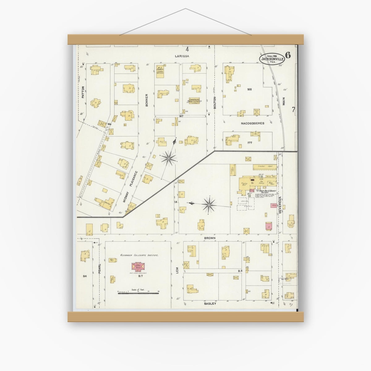 Old map wall art mockup — magnetic wood frame on white wall — Sanborn Fire Insurance Map from Jacksonville, Cherokee County, Texas (1906), Sheet #0006