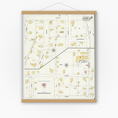 Old map wall art mockup — magnetic wood frame on white wall — Sanborn Fire Insurance Map from Jacksonville, Cherokee County, Texas (1906), Sheet #0006