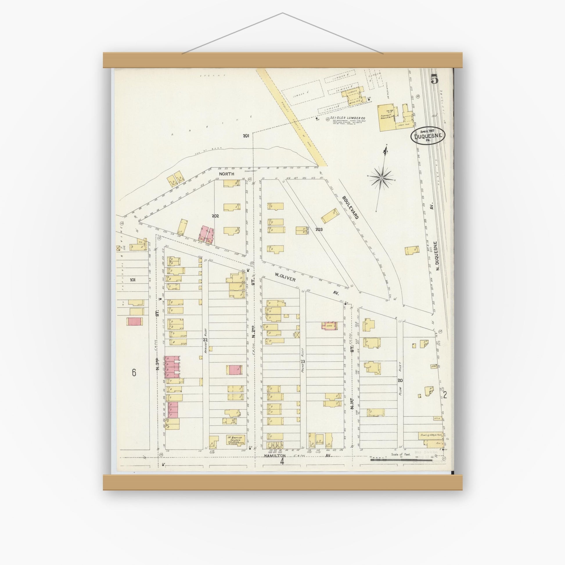 Old map wall art mockup — magnetic wood frame on white wall — Sanborn Fire Insurance Map from Duquesne, Allegheny County, Pennsylvania (1907), Sheet #0005