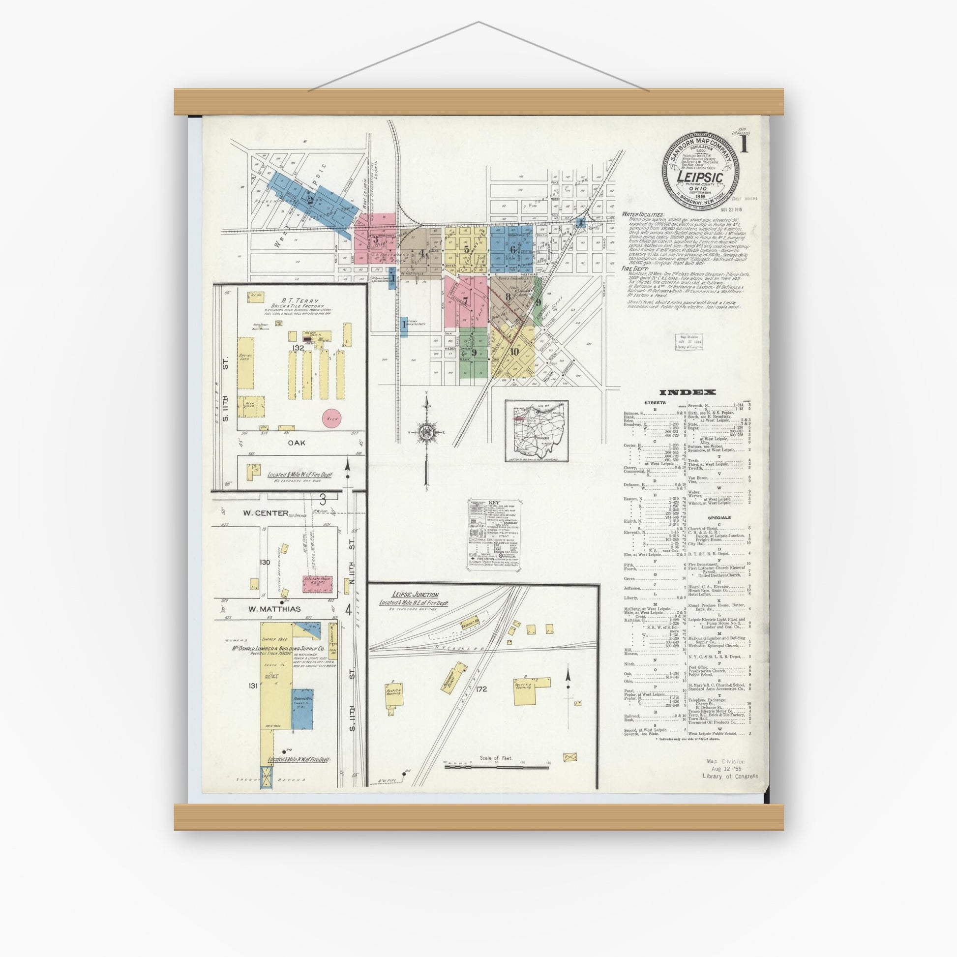 Old map wall art mockup — magnetic wood frame on white wall — Sanborn Fire Insurance Map from Leipsic, Putnam County, Ohio (1916), Sheet #0001