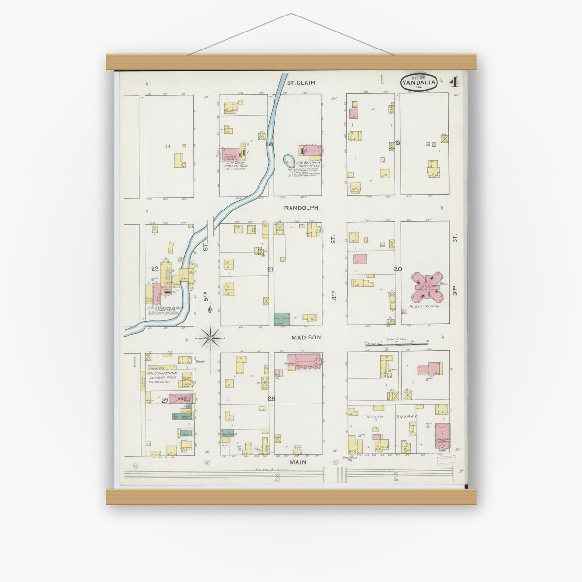 Old map wall art mockup — magnetic wood frame on white wall — Sanborn Fire Insurance Map from Vandalia, Fayette County, Illinois (1893), Sheet #0004