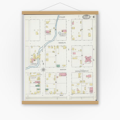 Old map wall art mockup — magnetic wood frame on white wall — Sanborn Fire Insurance Map from Vandalia, Fayette County, Illinois (1893), Sheet #0004